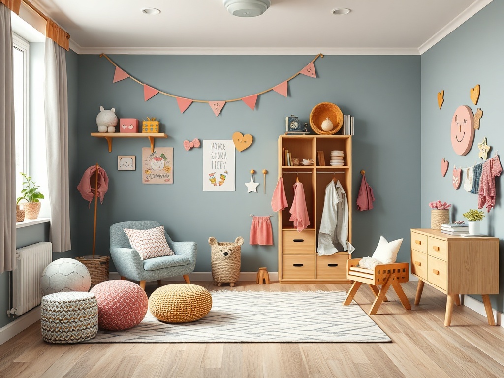 Яркая детская комната с креслом, игрушками и декоративными деталями на стенах. Уютная атмосфера и организованное пространство.