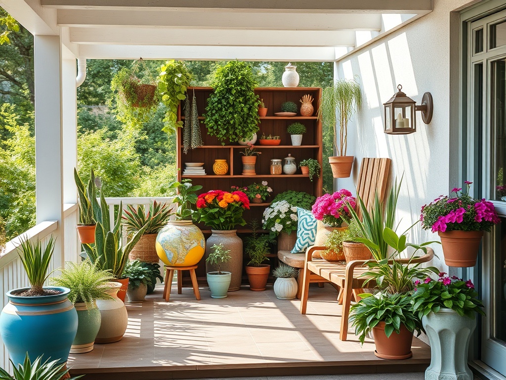 Уютный балкон с зелеными растениями, яркими цветами и удобной мебелью для отдыха на природе.